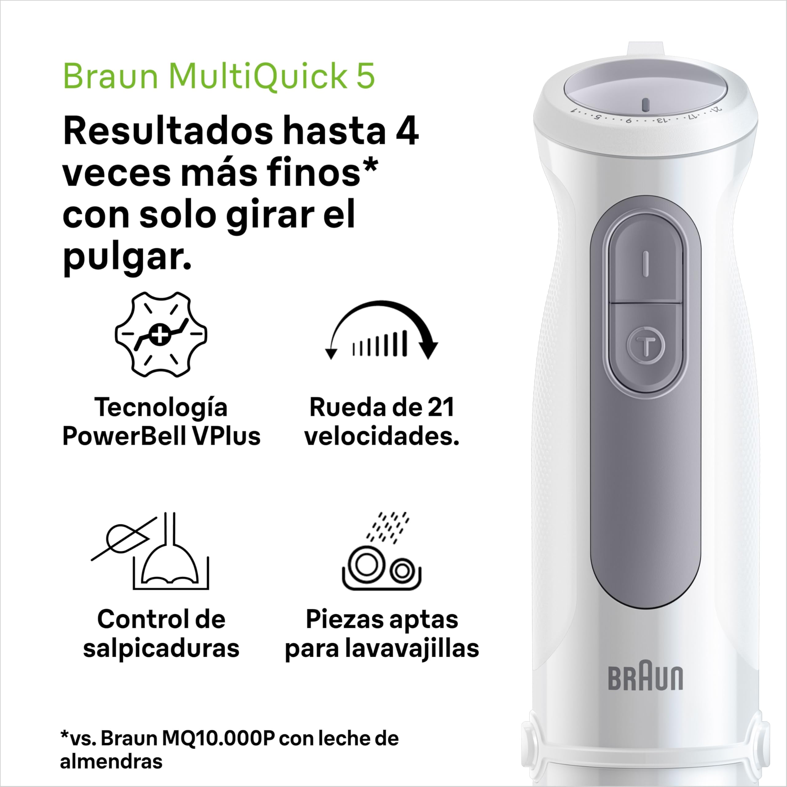 Braun MultiQuick 5 MQ 50001 M Batidora de Mano 1000W PowerBell Plus 21 Velocidades Turbo Easy Click Plus Eje de Acero Vaso 600ml Blanco