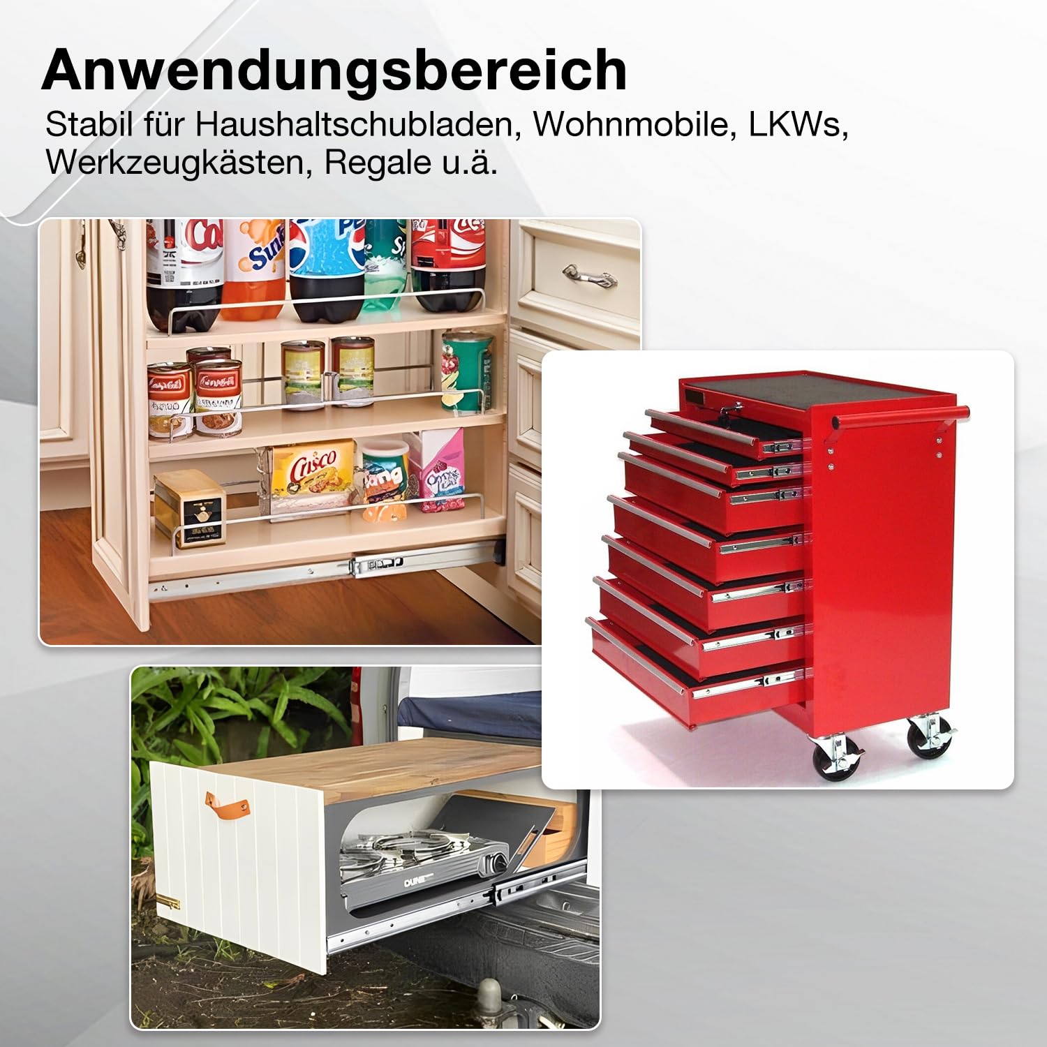 Strapazierfähige Schubladenschienen, Vollauszugschienen, 30,5 cm, 35,6 cm, 40,6 cm, 40,6 cm, 50,8 cm, 52,2 cm, 26 cm, 28 cm, 30 cm, 32 cm, 34 cm, 91,4 cm, 96,5 cm, 1 Paar