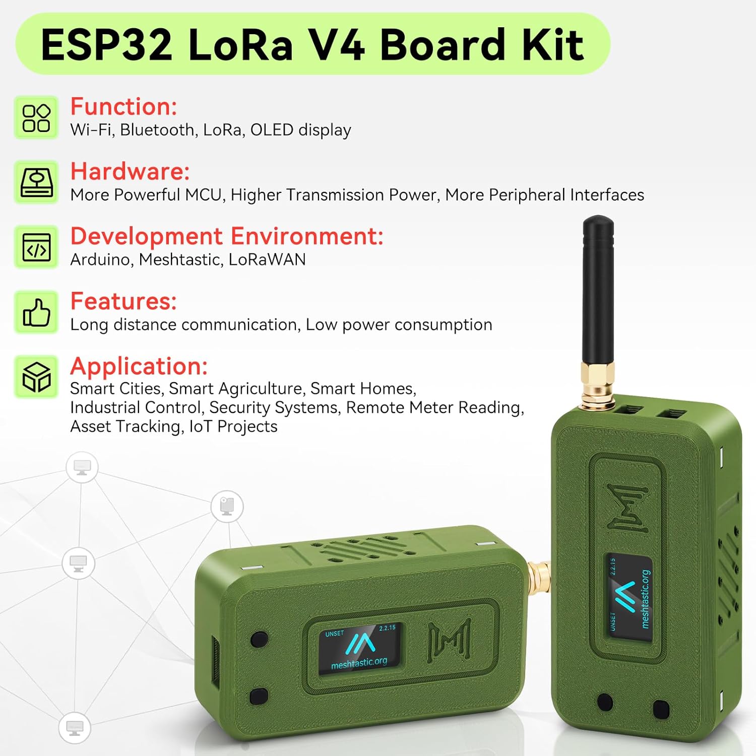 2 Set ESP32 LoRa V4 Development Board +L76 GNSS Module +3000mAh Battery +Green Case, ESP32-S3 SX1262 LoRa WiFi Bluetooth 2MB PSRAM 16MB Flash 915MHz Antenna Support GPS Solar Meshtastic