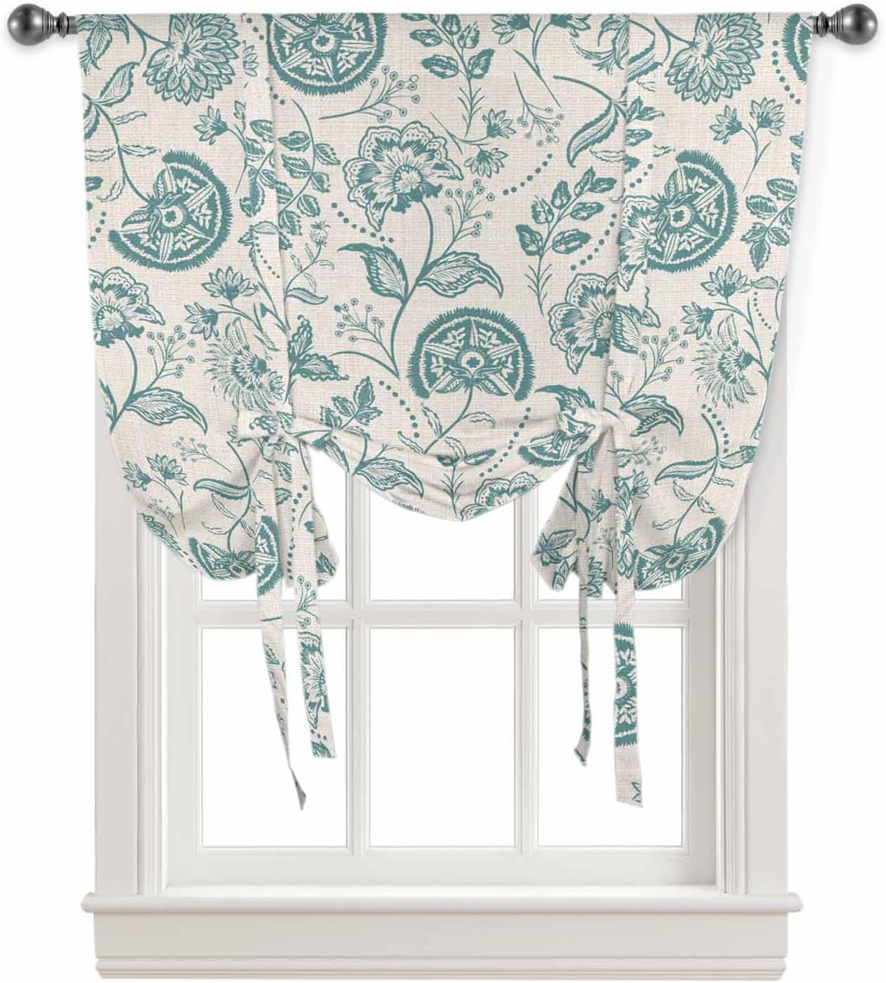Tie Up Curtains for Windows, Teal Green Spring Floral Kitchen Curtain Adjustable Balloon Window Shades, Retro Farmhouse Summer Botanical Valance Curtains for Living Room/Bedroom/Cafe 46"x63"