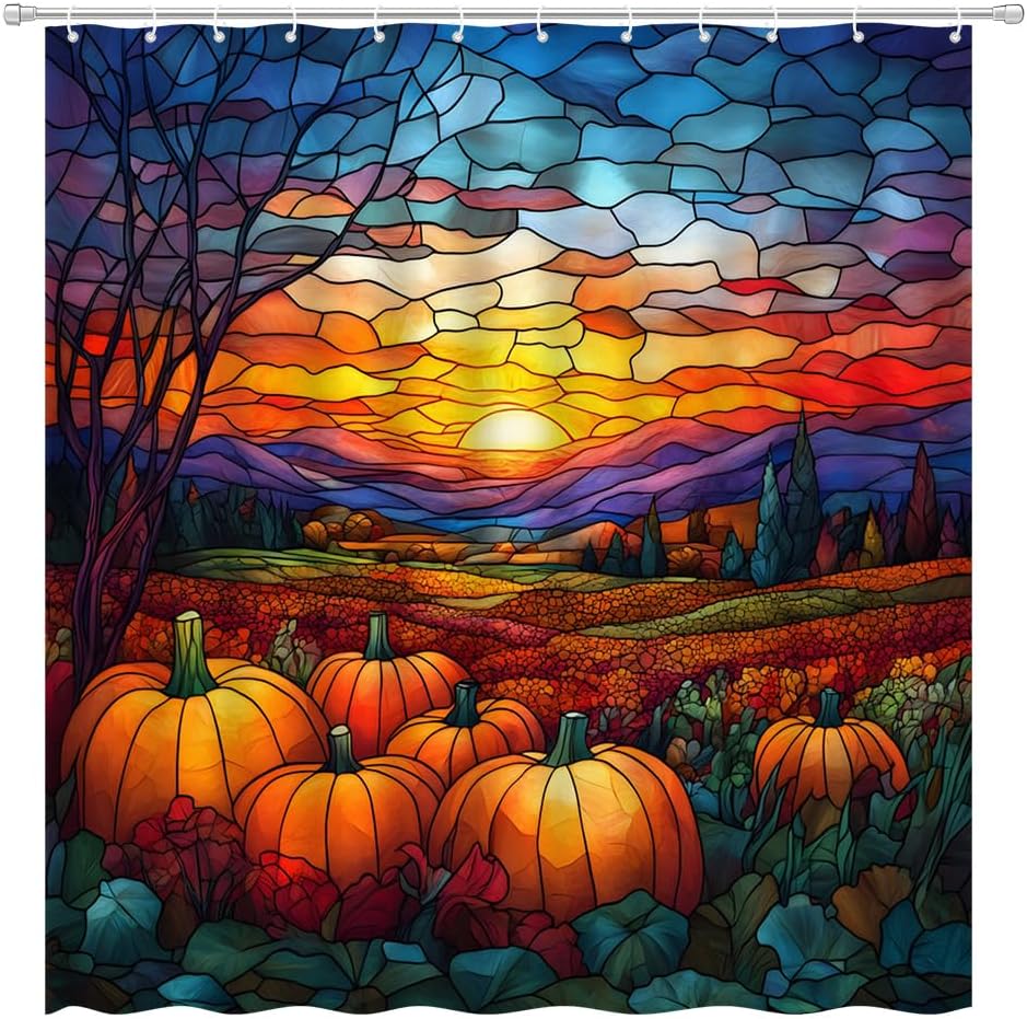 Fall Pumpkin Shower Curtain Stained Glass Pumpkins Green Leaves Autumn Forest Mountain Vintage Art Abstract Sunset Landscape Bathroom Decor Set Fabric with Hooks