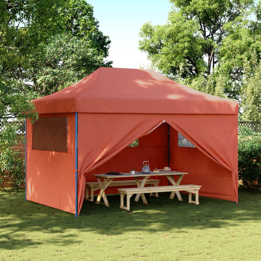 Markiza Pop-up 4 ścianki terakota 410 x 279 x 315 cm | Dach z tkaniny Oxford z powłoką PCW, przezroczyste okna, wejście z zamkiem błyskawicznym, rama stalowa