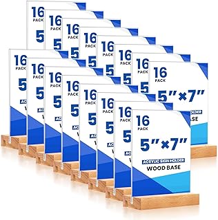16 Pack 5x7 Acrylic Sign Holder with Wood Base Vertical and Slant Displays, Clear Plastic Flyer Display Stand, Paper photo Table Menu Sign Frame Suitable for Restaurants, Office, Store, Hotels