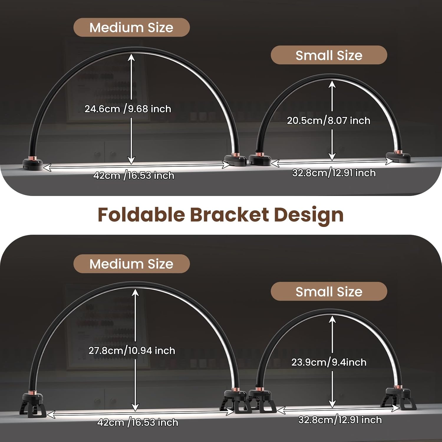 Yokilly Arc Half Moon Light: 20" Half Moon Light with Foldable Bracket for Desk Salon Table Use - No Flicker & Shadow-Free Desk Lamp with Stepless Brightness 3000-6500K for Manicurist Nail Tech