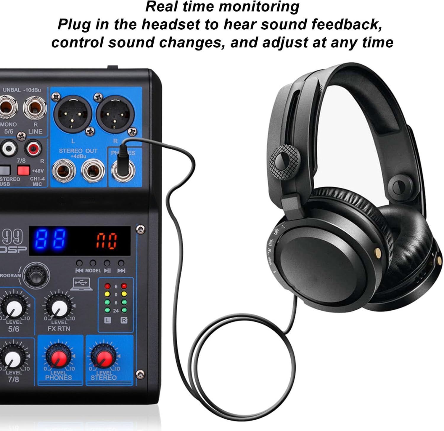 Top-down view of the EBTOOLS 8-Channel Audio Mixer showing all controls and ports.