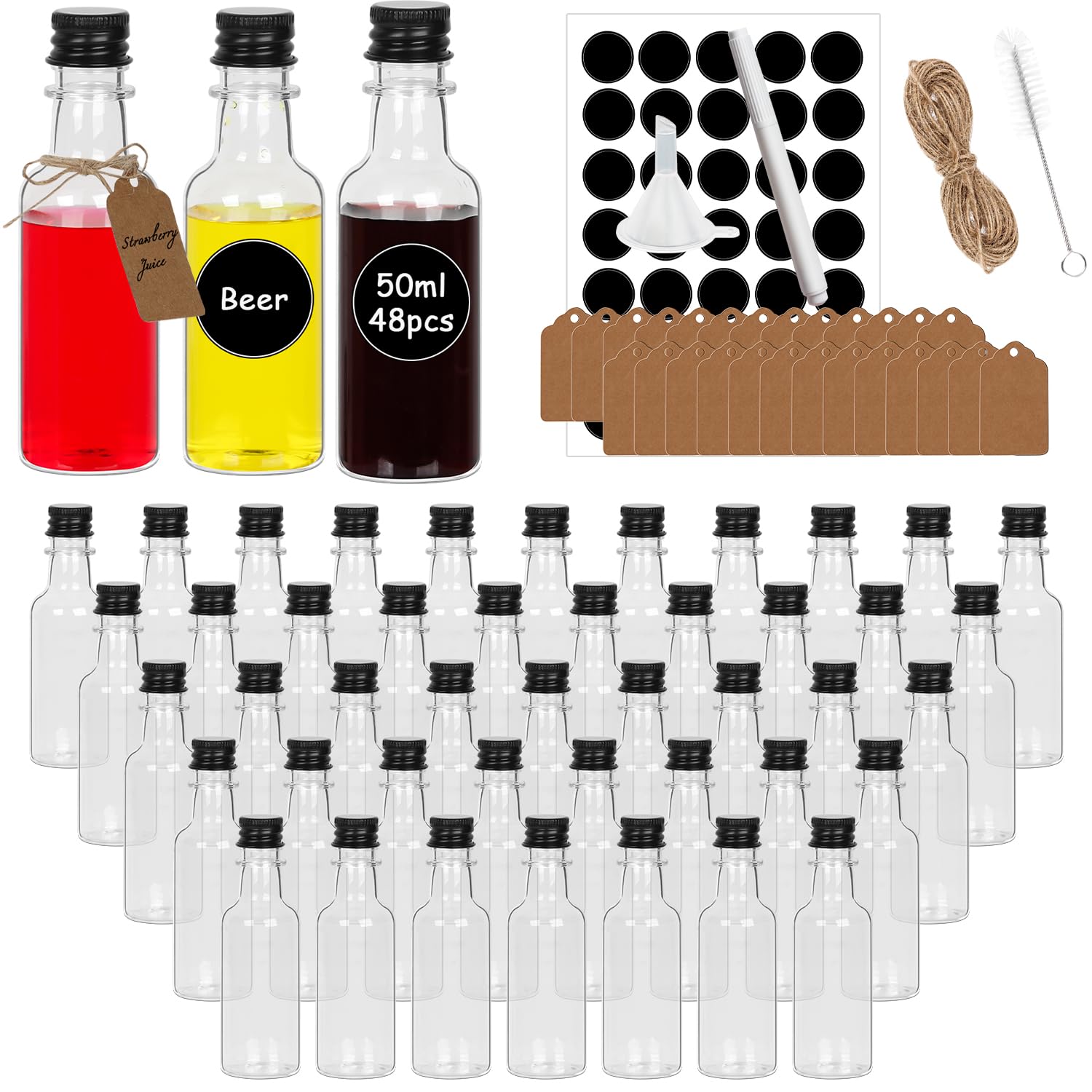WenYa Confezione da 24 mini bottiglie di liquore, piccole bottiglie vuote in plastica da 50 ml, con coperchi (tappi a vite neri a prova di perdite), riutilizzabili, in miniatura, con etichette, imbuto