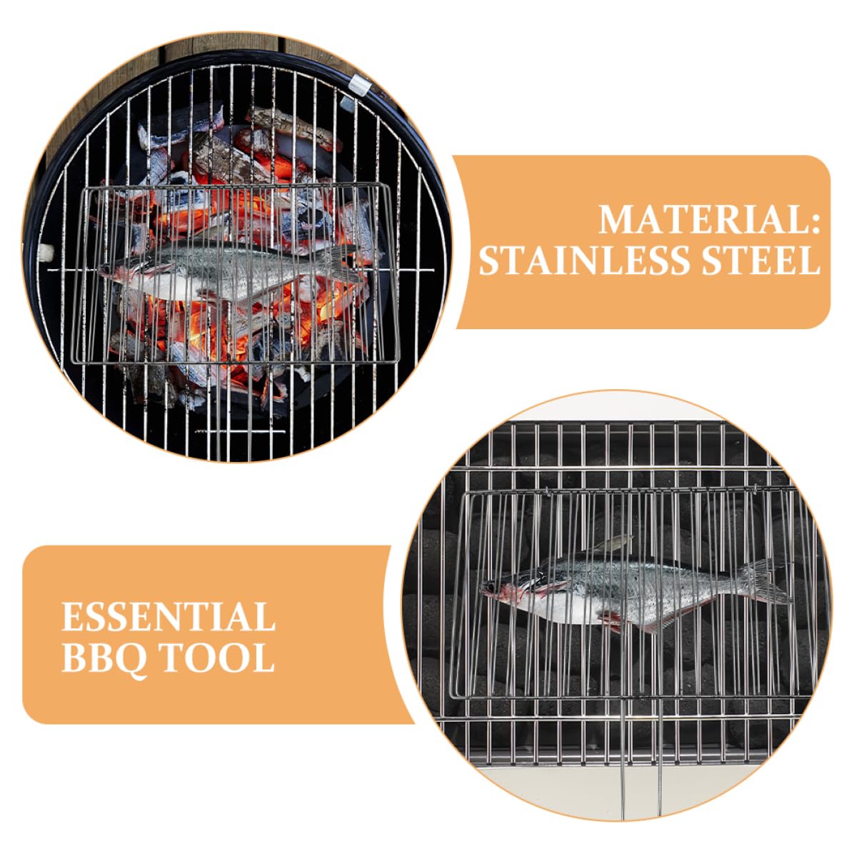 Griglia per pesce in acciaio inox con manico, portatile, verticale, per barbecue, falò, carne, verdure e gamberetti