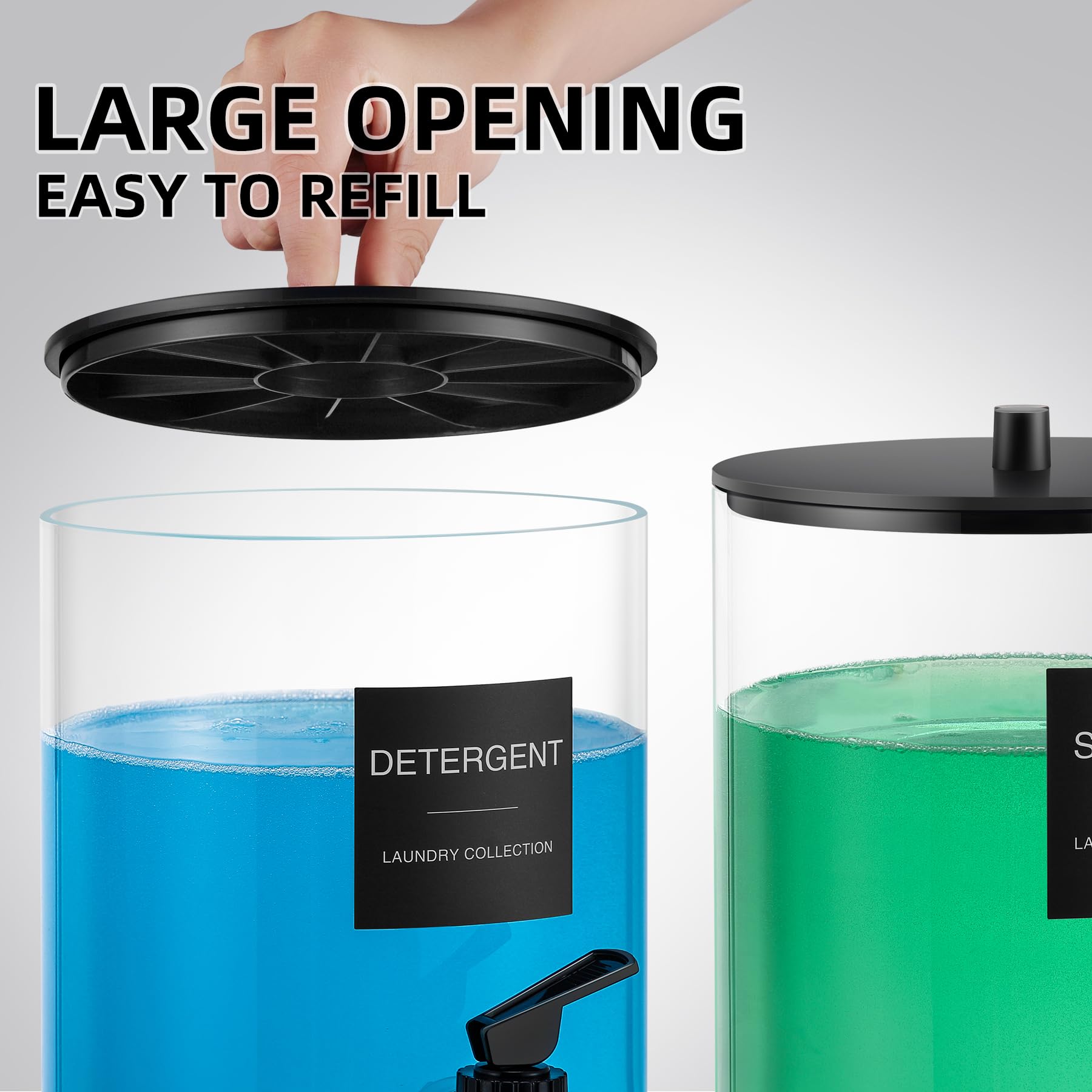 TIPGO Waschmittelspender aus Glas mit Zapfhahn, 3,6 l Flüssigseife und Weichspüler-Behälter, breite Öffnung, Waschmittelhalter mit 6 wasserdichten Etiketten (2 Stück)