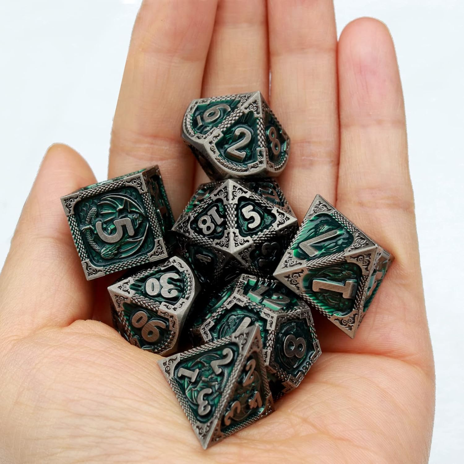 Haxtec DND Dice Set Metal D&D Dice Set with Leather Dice Bag Antique Iron Green Metal Polyhedral Dice Compatible with Dungeons and Dragons TTRPG Gifts