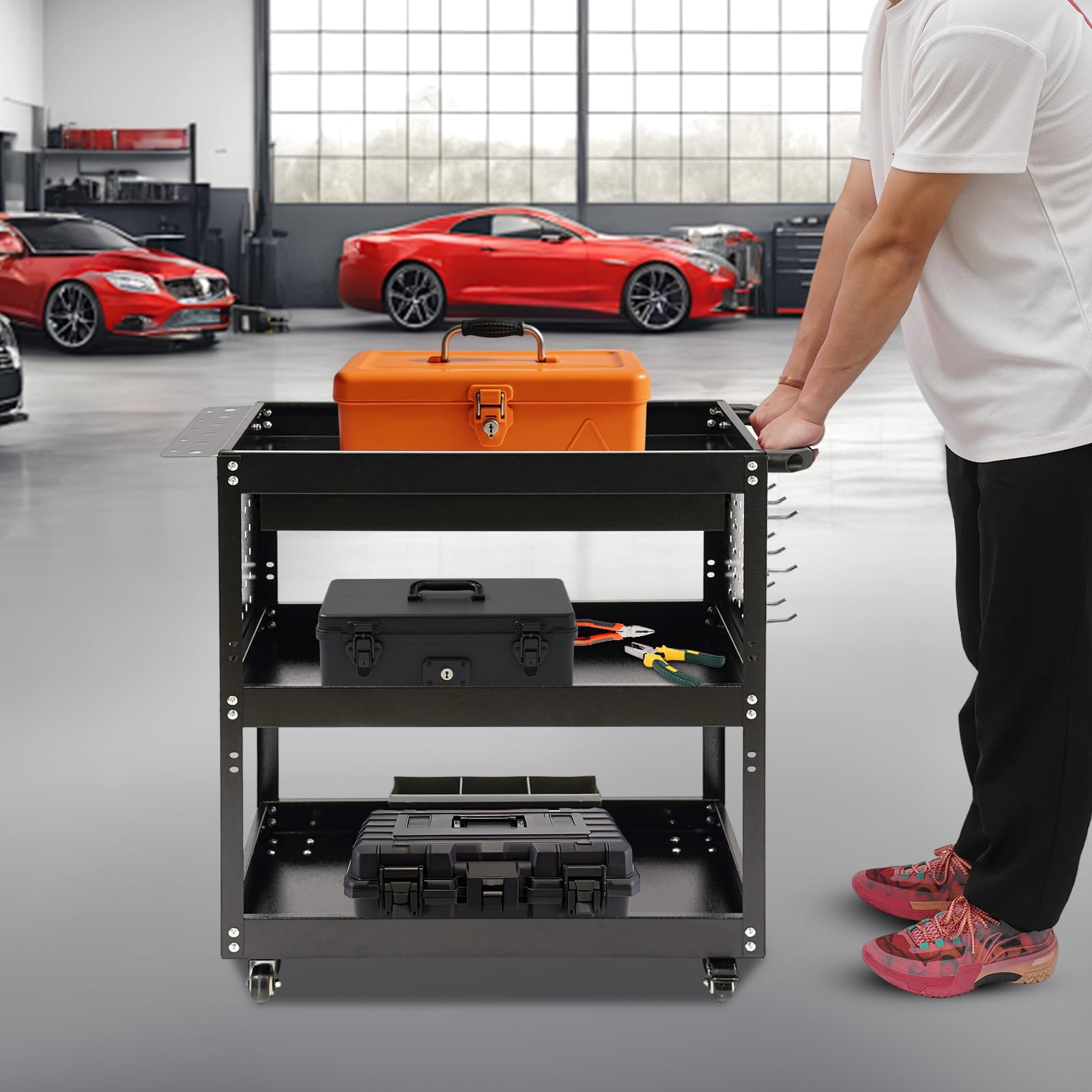 Carro de herramientas resistente, 3 niveles y 1 cajón con cerradura, agujero para colgar y caja de almacenamiento en el lateral, banco de trabajo con 4 ruedas (2 frenos), color negro