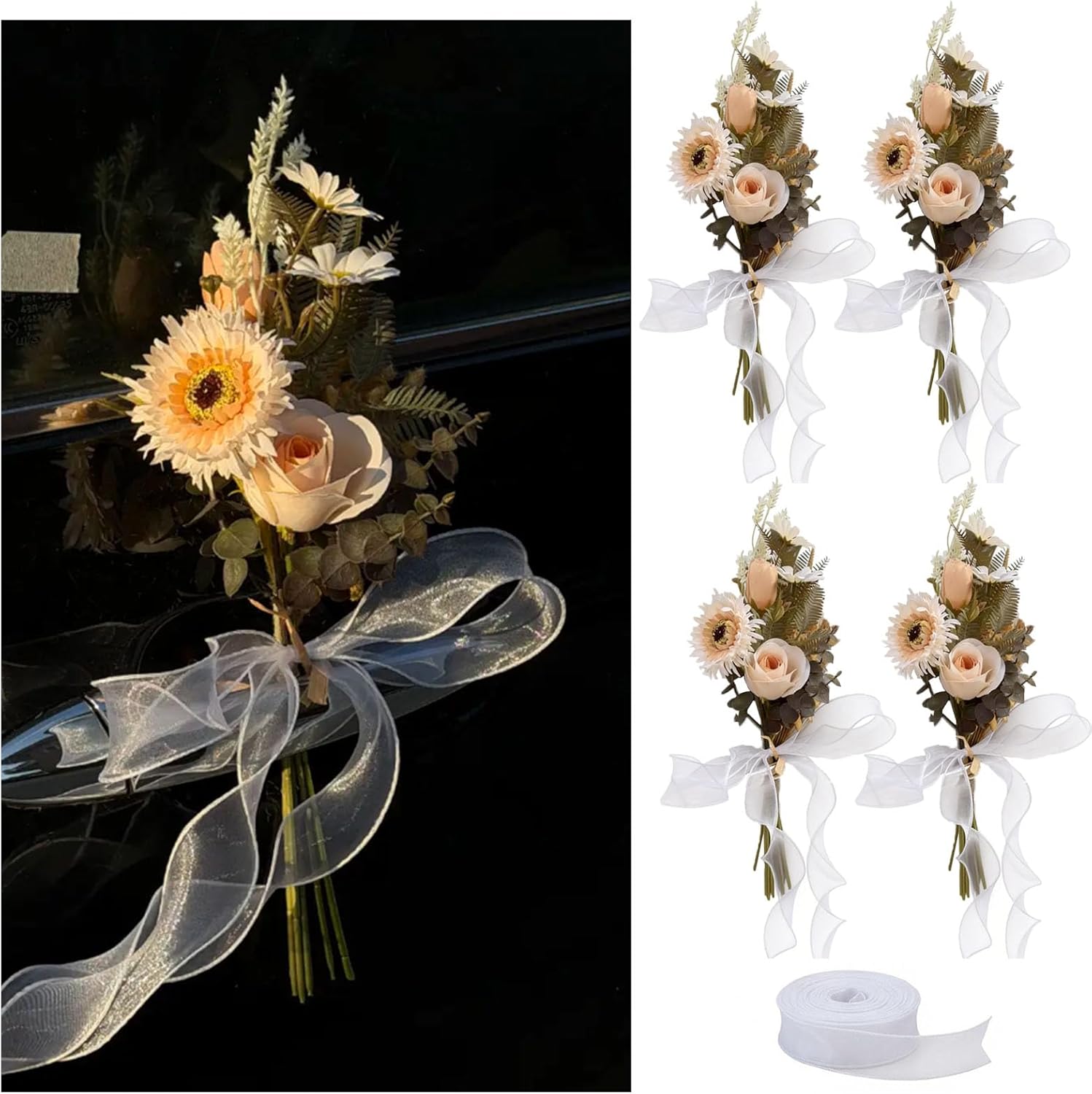 12-inch Champagne Wedding Car Door Handle Decorations – Handmade Daisy & Sunflower Artificial Floral Arrangements for Home Kitchen Decor, Romantic Bridal Gift & Getaway Car Decor