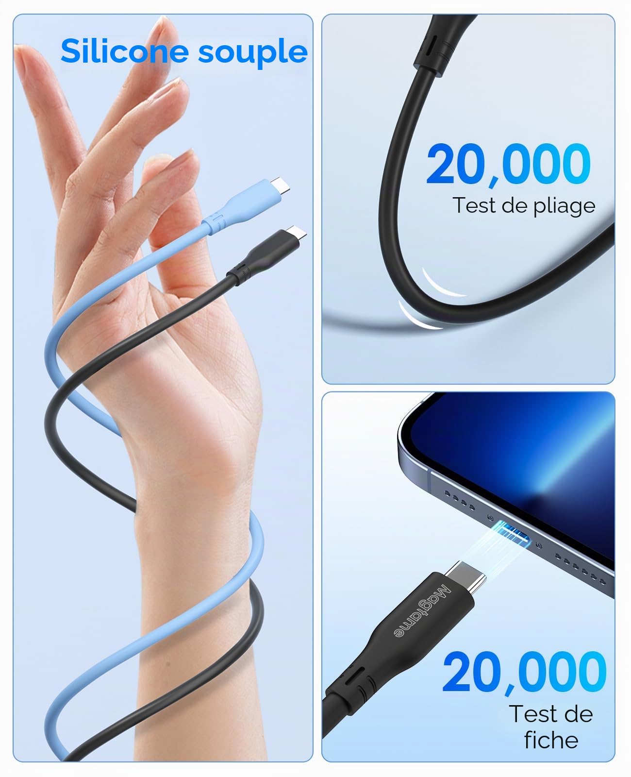 Câble magnétique USB C vers USB C 60 W, câble de charge rapide en silicone de type C, câble de charge rapide sans enchevêtrement et synchronisation de données de type C pour iPhone 16/16 Pro/16