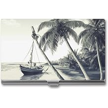 Mental Palm Trees Fishing Boat Name Card Holder Slim Business Pocket Card Case Buckle Style Shut Portable Professional Purse Name Cards Organizer Gift for Men Women Workers