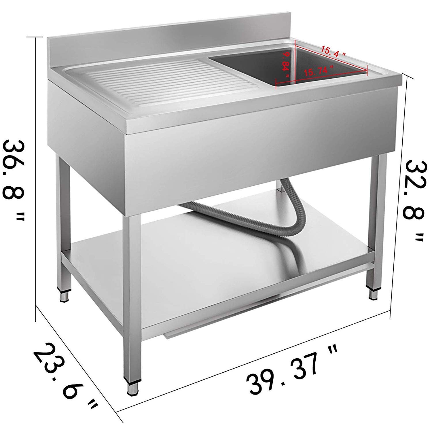 Lavello da Cucina in Acciaio Inox 100 x 60 x 83,5cm, Lavelli in Acciaio con Vasca 40 x 40 x 25cm, Lavello 1 Vasca 1 Pannello Inox 201, Lavello Cucina con Mobile per Casa Ristorante Bar Mensa