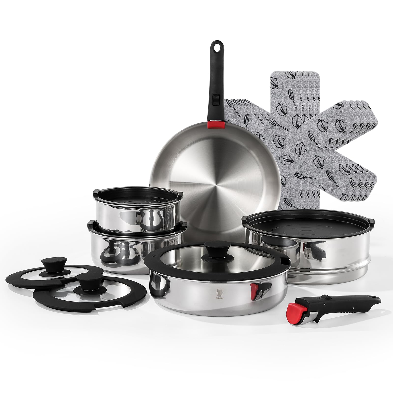 ROYDX 18/10 Edelstahl-Pfannenset mit abnehmbaren Griffen, 16-teiliges stapelbares Kochtopf-Set mit Dampfgarer, 24 cm/26 cm Bratpfannen mit Topf für alle Herde, einschließlich Induktion und Gas