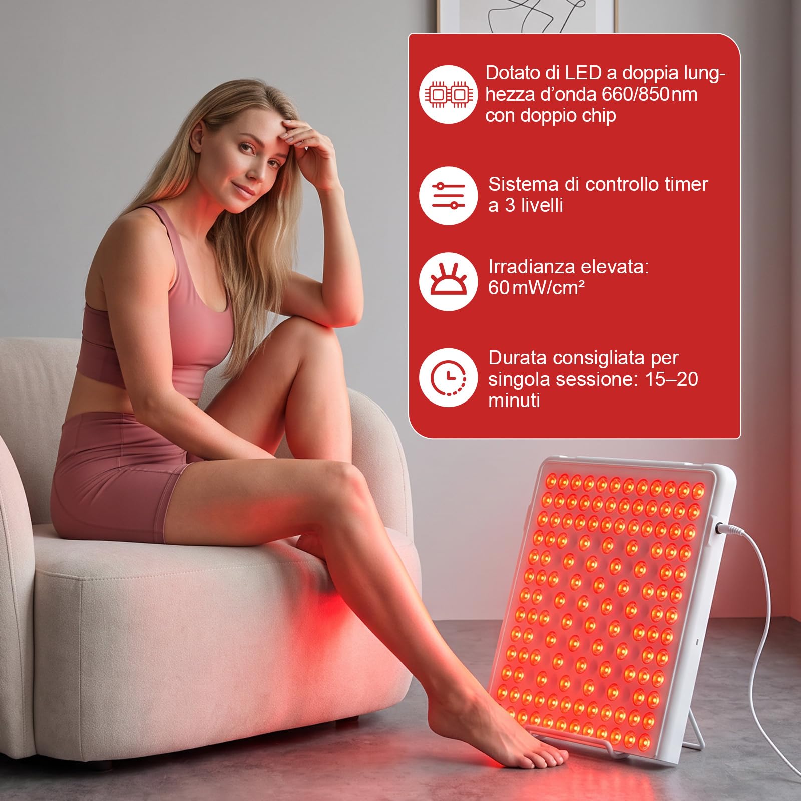 Lampada Rossa In-frarossa 660nm & 850nm, Pannello Viso & Corpo | Lampada in-frarossa a 169 LED con supporto e timer, ideale per rilassamento muscolare e cura della pelle