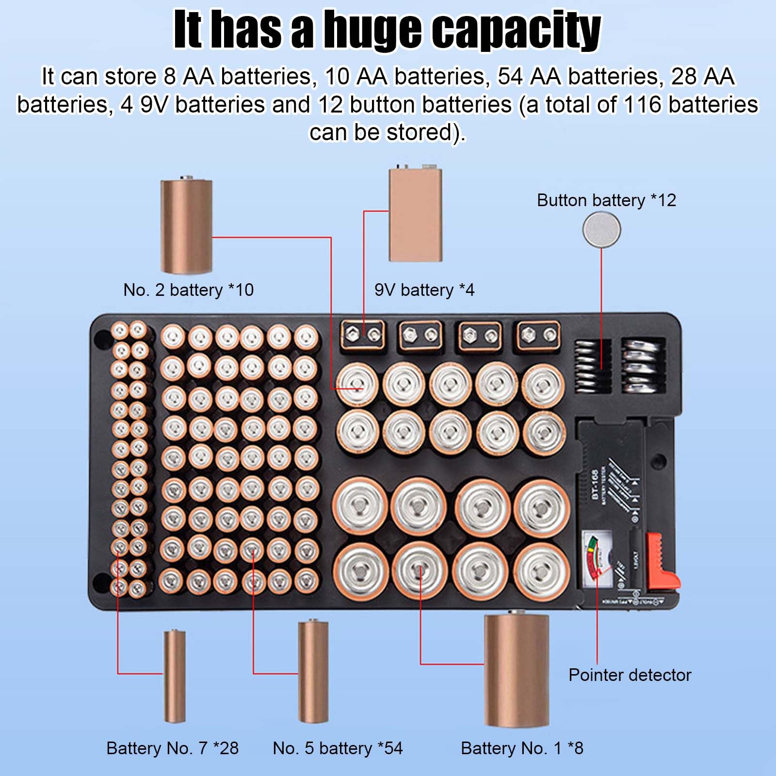 Scatola di immagazzinaggio batteria con tester per 116 batterie AAA AA 9V C D