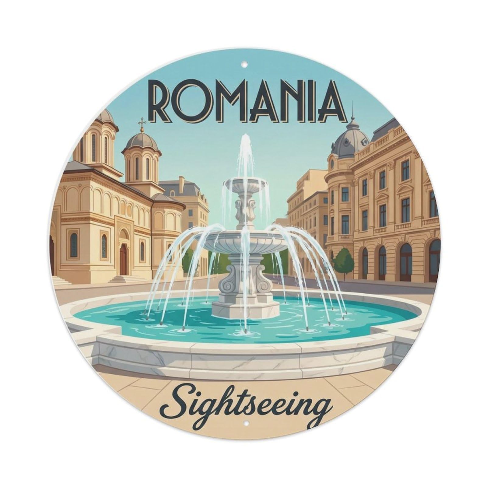 Fqcyn Style Vintage Travel Romania Fountain Sightseeing Metal Tin Sign
