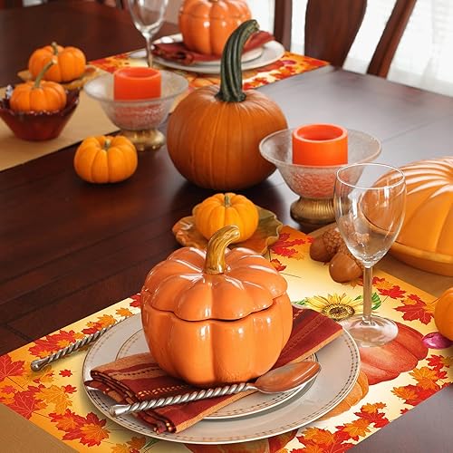 Miniatura 4 de 36 manteles individuales de papel desechables de Acción de Gracias, manteles individuales de otoño, girasoles de otoño, hojas de arce, calabazas,
