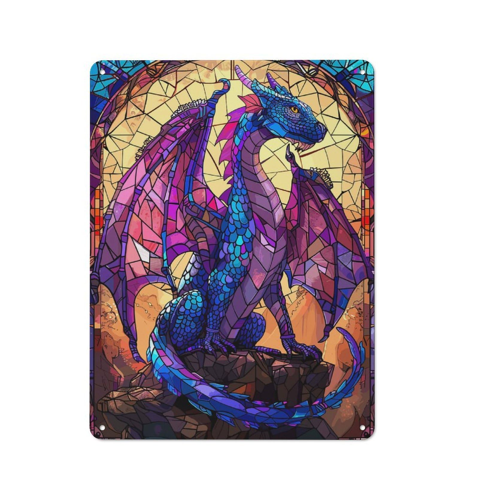 Junmoney Style-14 Cathedral Fantasy Dragon Distressed Look Metal Wall Decor 40X30cm, Vintage Tin Sign For Living Room, Hallway, Kitchen Or Cafe