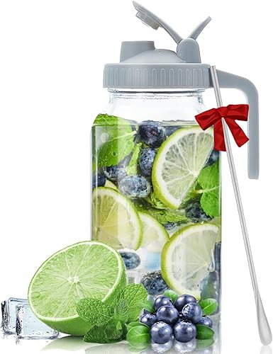 Mason Jar - Tapa de boquilla para verter Jarra de vidrio hermética de 64 onzas con tapa, grado alimenticio y segura, tarro resistente de 2 cuartos