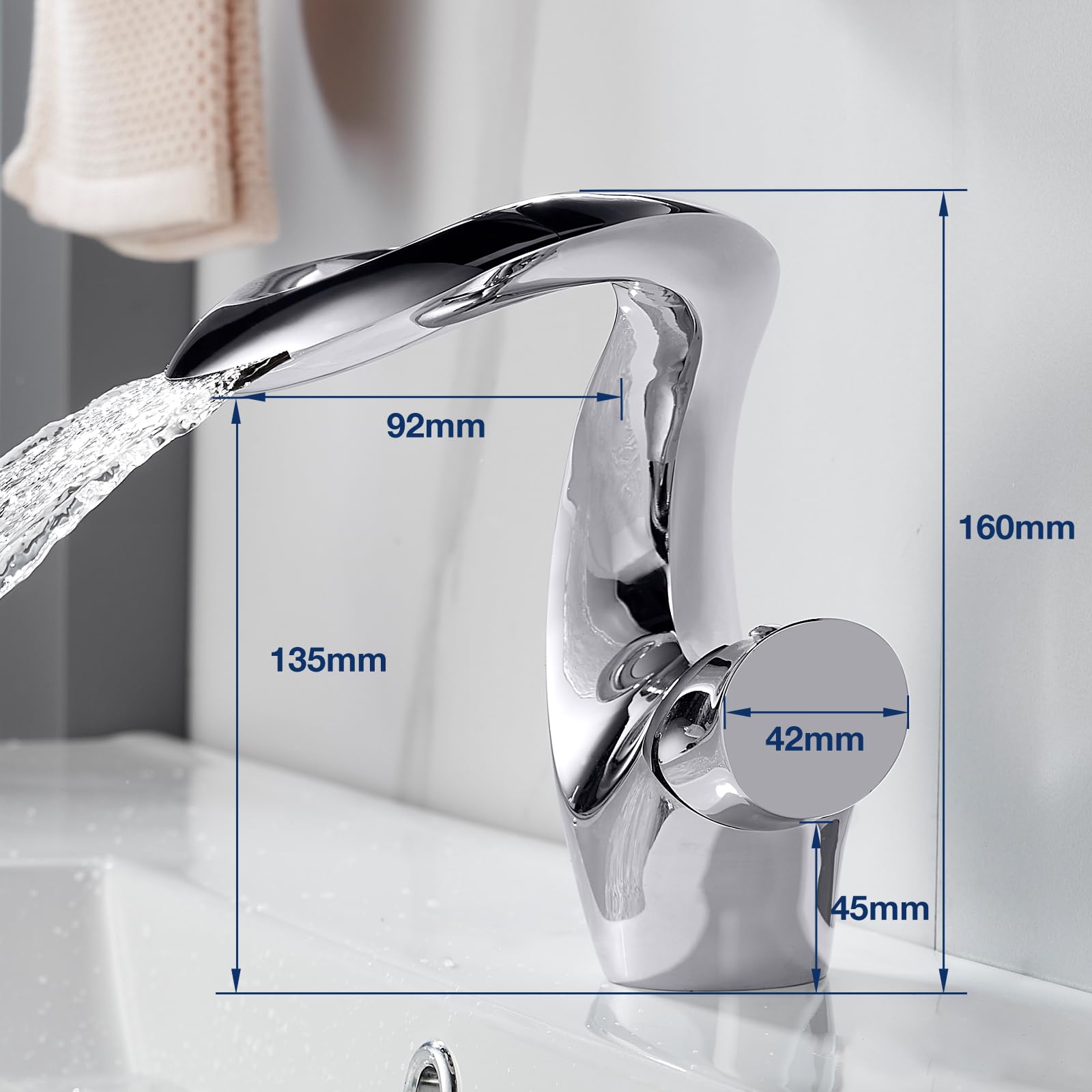 Robinet Salle de Bain Cascade Chrome Mitigeur Lavabo Robinetterie Lavabo Robinetterie Argent Moderne Robinet Salle de Bain Élégant Lavabo, Robinet de Salle de Bain Froide et Chaude Laiton