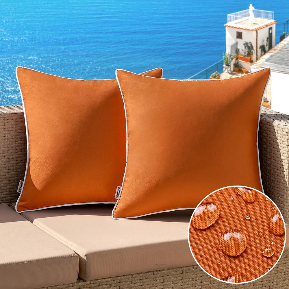 MIULEE 2 Pack Orange 18x18 Inch Square Modern Solid Color Waterproof Outdoor & Indoor Decorative Throw Pillow Covers for Patio, Tent, Bed, Sofa,