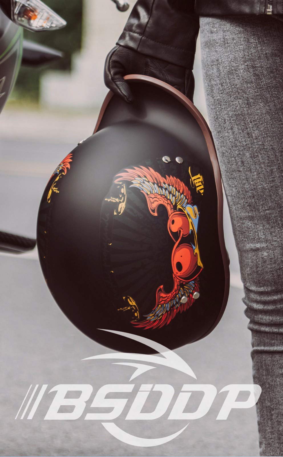 Retro Half Shell Jet Helm Motorrad Helm Brain Cap Scooter Helm Motorrad Helm mit eingebautem Visier Chopper Moped ECE Zertifizierung H,L(59-60cm)