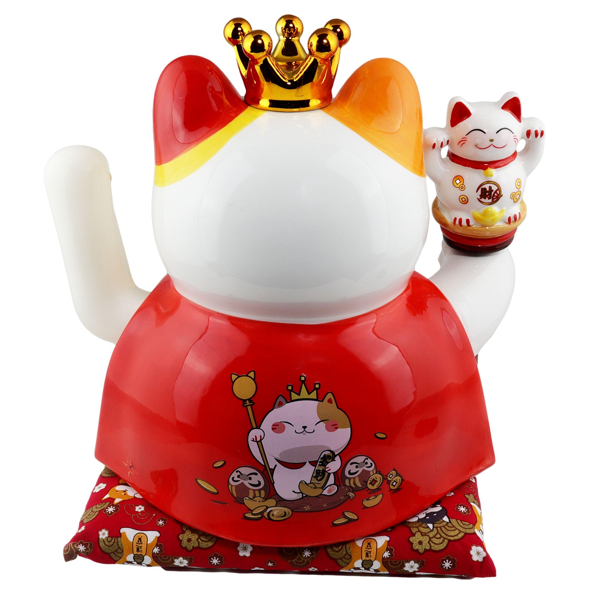 Freak Scene Agitando Gato Chino Maneki-Neko Corona Porcelana 26cm Gato Saludando Blanco Lucky Cat