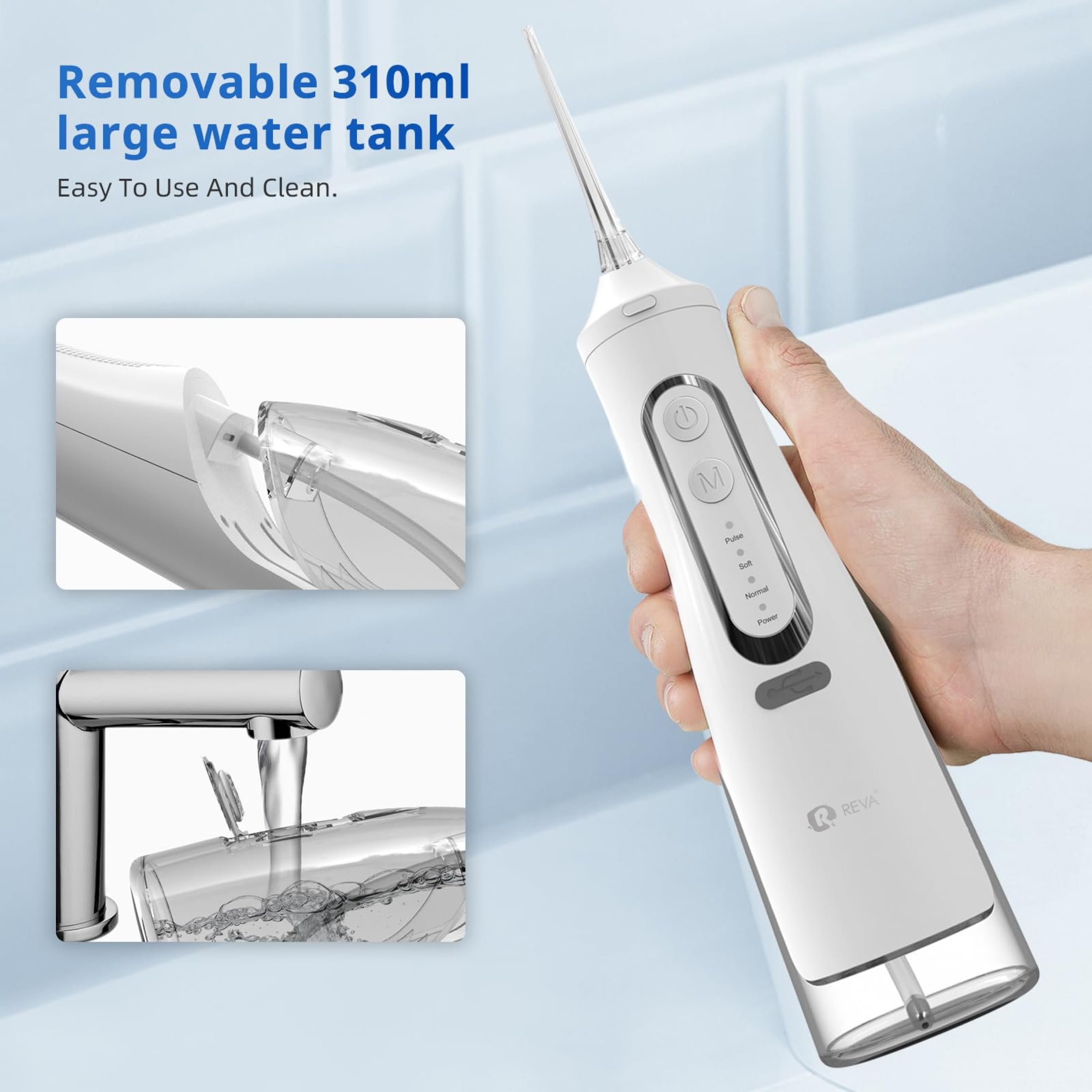 Reva - Irrigador bucal eléctrico para limpieza de dientes, tanque grande de 310 ml, impermeable IPX7, irrigador oral inalámbrico recargable con 4 puntas de chorro, memoria inteligente, bajo ruido