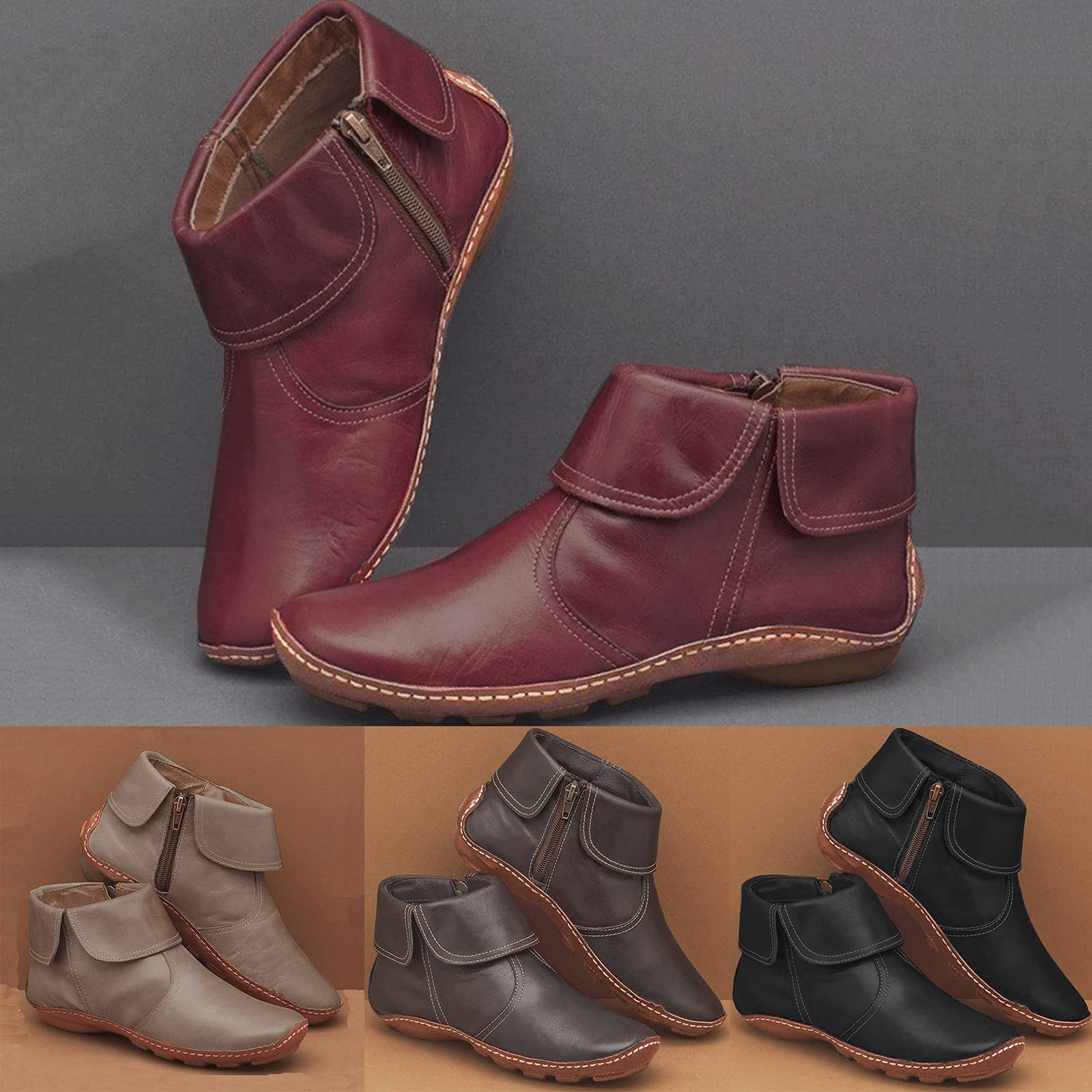 Bottes courtes en cuir synthétique pour femme - Bottines plates - Chaussures de travail - Bottes d'équitation - Bottes de travail - Bottes de randonnée
