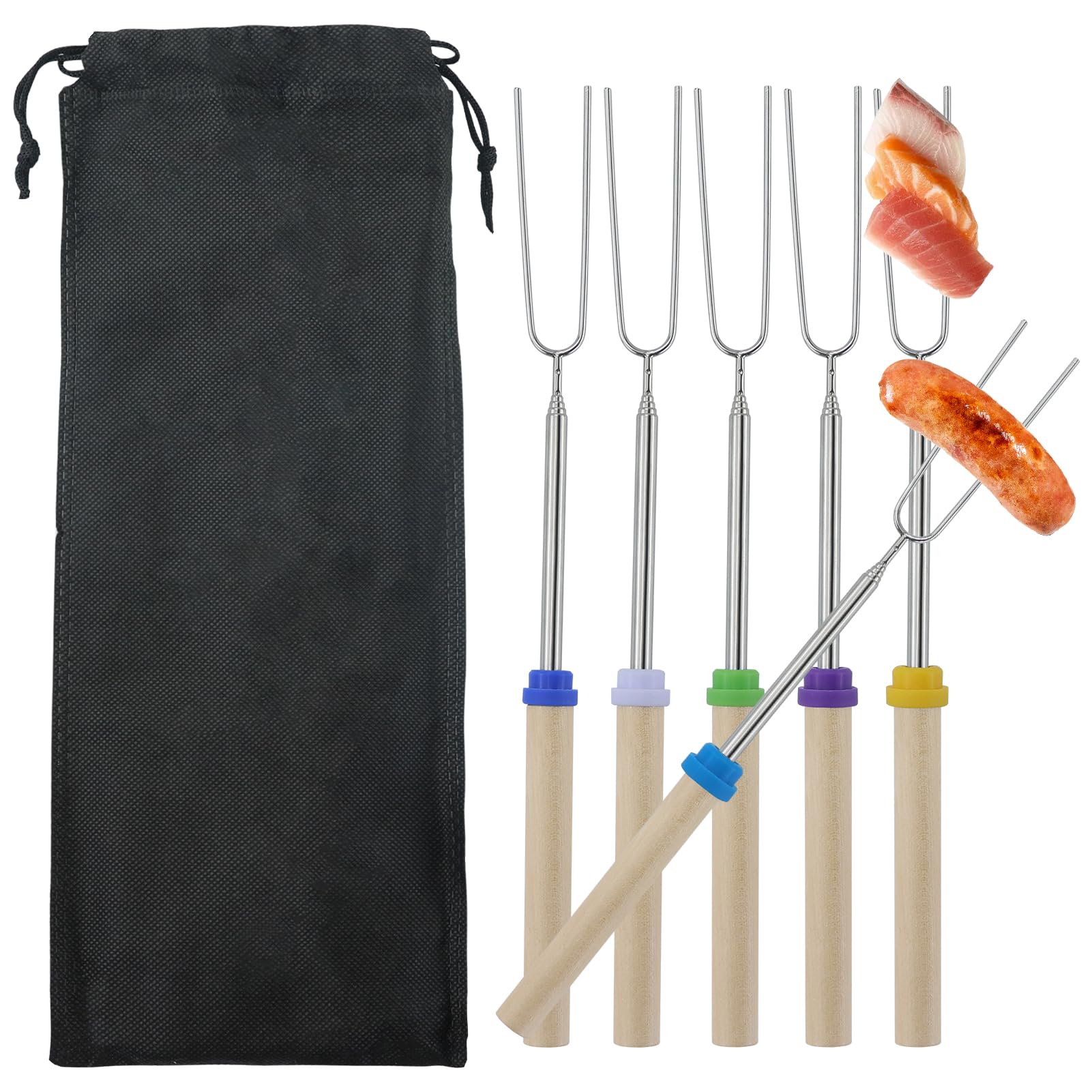 6 forchette da barbecue, bastoncini telescopici per arrostire marshmallow, allungabili, in acciaio inox, a forma di U, con manico in legno, spiedini per barbecue, campeggio, falò, camino, picnic