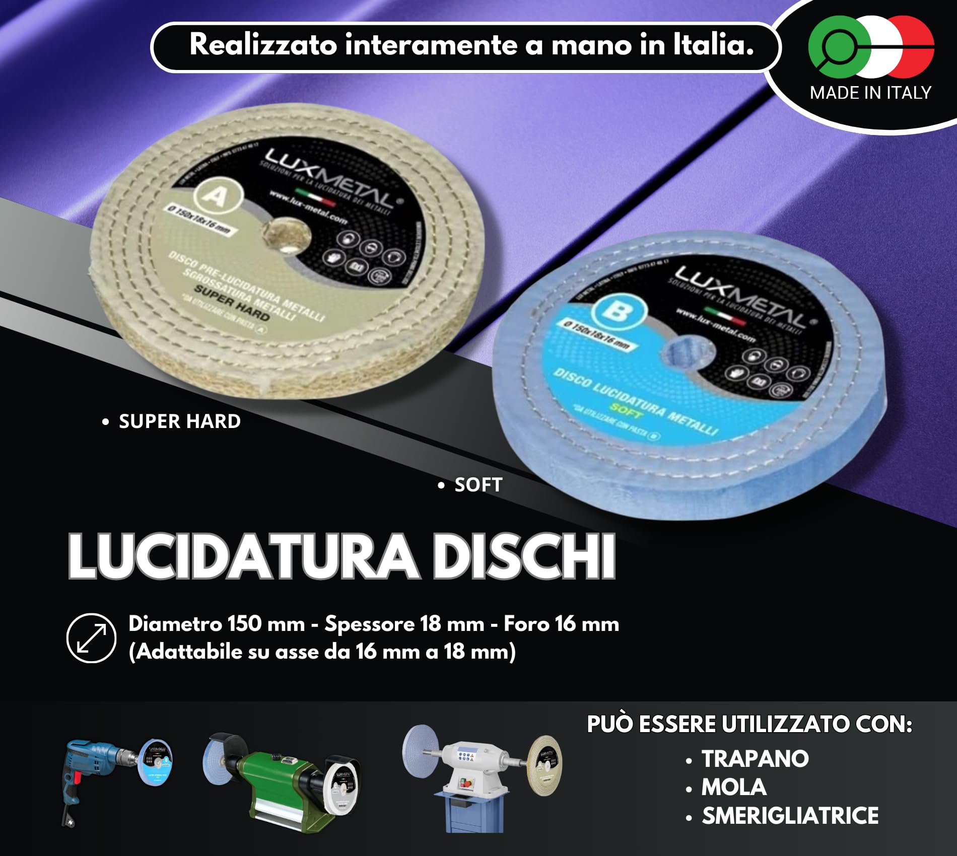 Lux Metal Kit Lucidatura 2 Pasta Abrasiva Lucidante 250 gr e 2 Disco Lucidatura 150 mm in Cotone Trapano Mola Dischi Per Lucidare Acciaio Inox Metalli Alluminio Set Lucida Cromature Ottone Ruota Rame