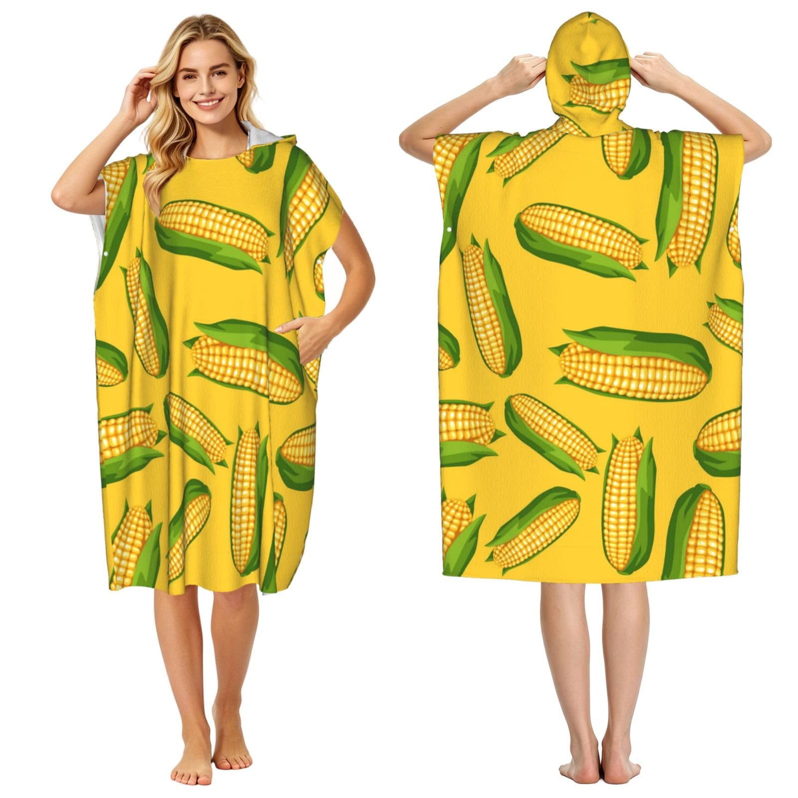 Poadnly Fresh Ripe Corn Cobs Pattern, Adult Hooded Beach Towel 90 x 110 cm,Changing Bath Robe, Surf Poncho Towel For Women Men