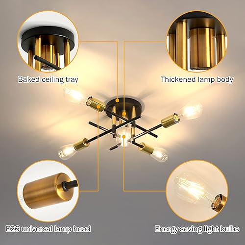 Miniatura 3 de UOFUS Lámpara de techo semiempotrada de 5 luces mate con base E26 moderna lámpara de techo negra y dorada para casa de campo, pasillo, cocina,