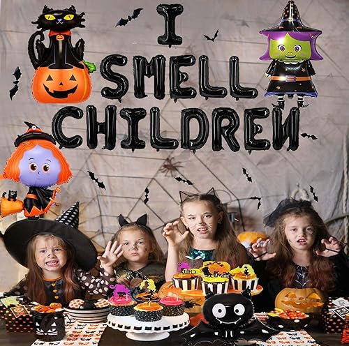 Miniatura 5 de Cartel de globos con texto en inglés "I Smell Children", decoración de fiesta de bruja de Halloween con I Smell Children Balloons Black Cat Witches