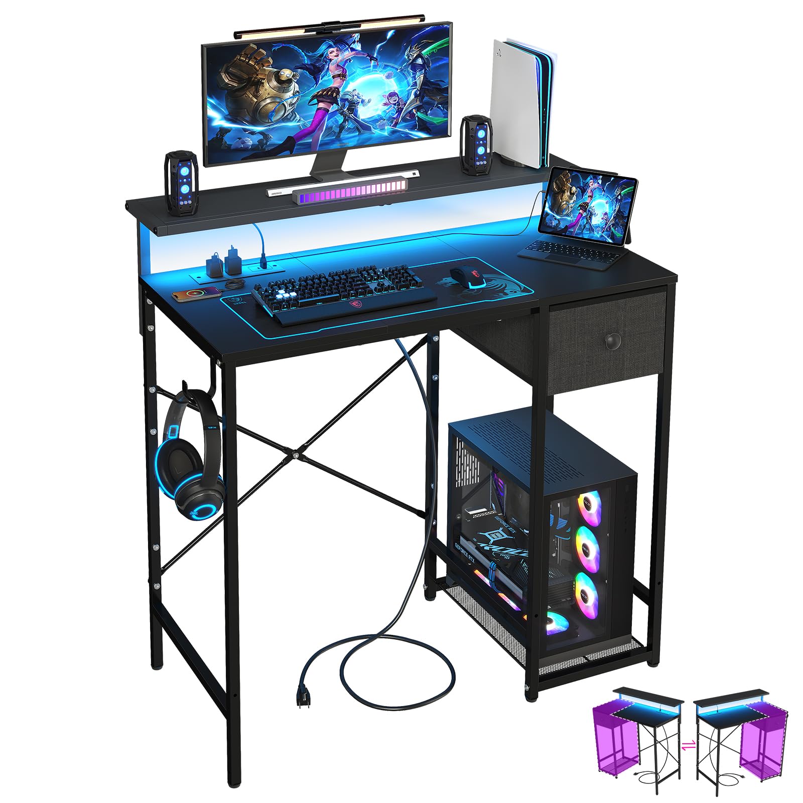 X-cosrack 33.5" Small Gaming Desk with LED Lights & Long Monitor Stand, Compact Computer Desk with Power Outlets & CPU Stand, Gamer Table with Storage Drawer for Home Office, Bedroom Corner, Black