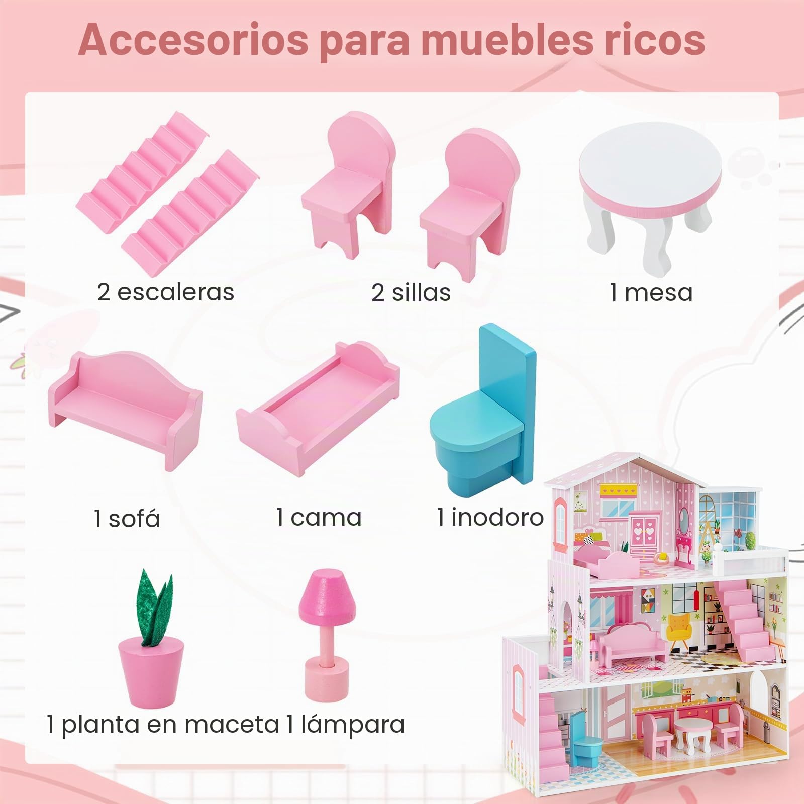 RELAX4LIFE Casa de muñecas de madera con 3 pisos, 5 habitaciones y muebles, accesorios y 2 escaleras y bonitos fondos, juguete para niños 3 años +