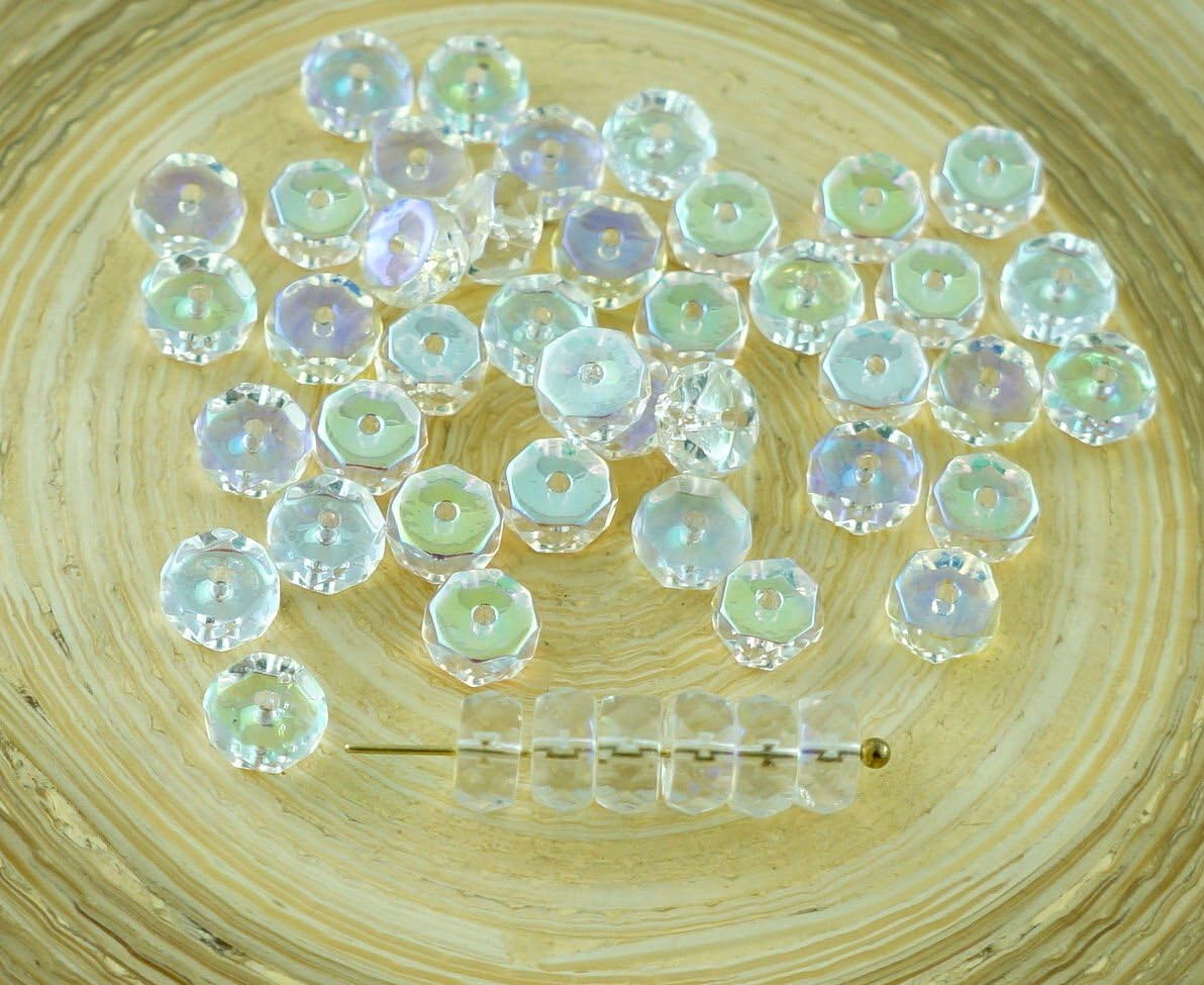 60pcs Crystal Clear AB Czech Glass Faceted Disk Disc Washer Beads Flat Round Coin Fire Polished Beads 6mm x 3mm