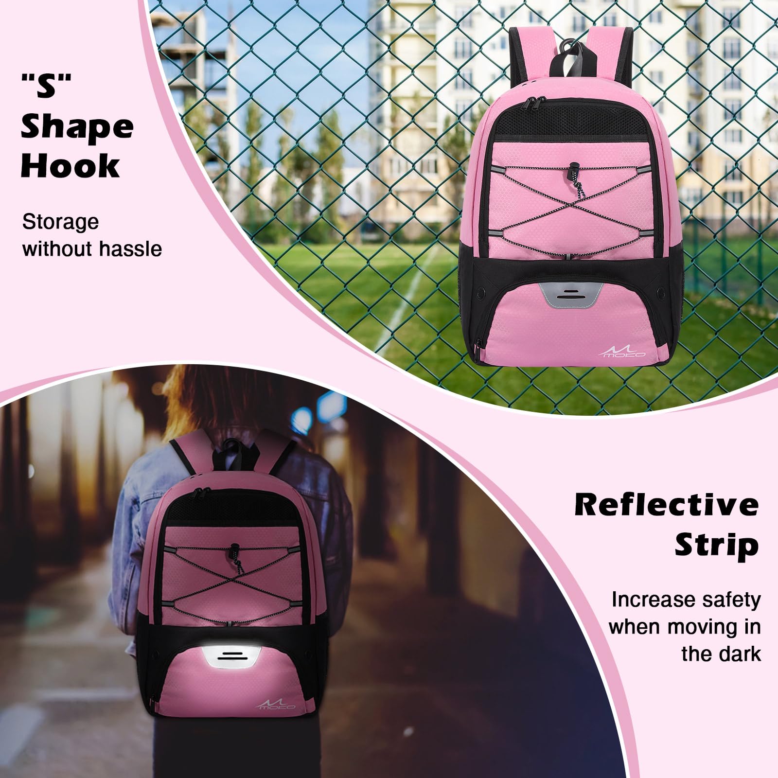 MoKo Soccer Bag Backpack, Basketball Backpack for Men & Women with Separate Ball and Shoes Compartments, Water-Resistant, Fence Hook, Sports Equipment Bag for Clothes, Shoes, Tablets, Laptops, Pink