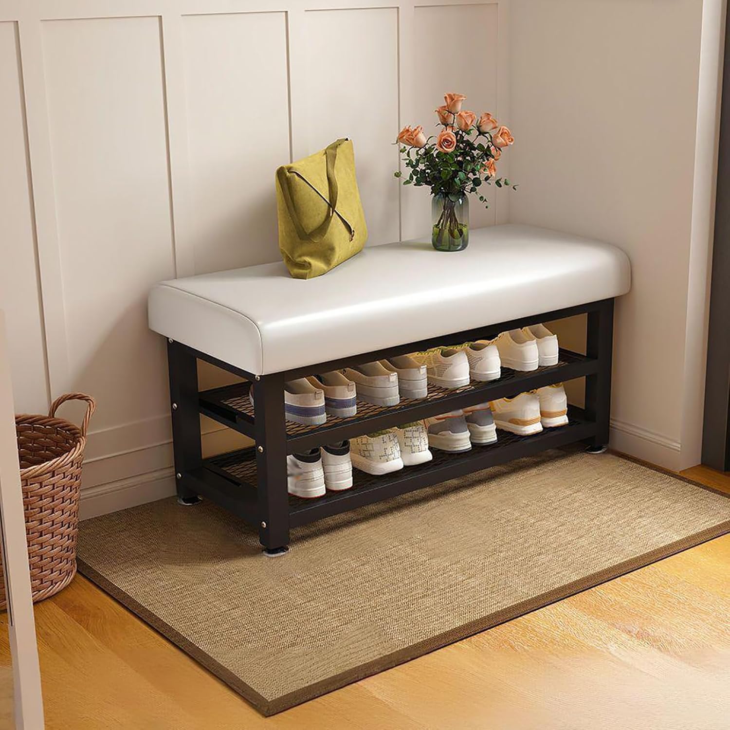 Metal Storage Bench, Upholstered Entryway, Double-Layer Footrest Shoe Rack for Living Room, Balcony, Hallway, and Closet - 23.6in/60cm, Gray