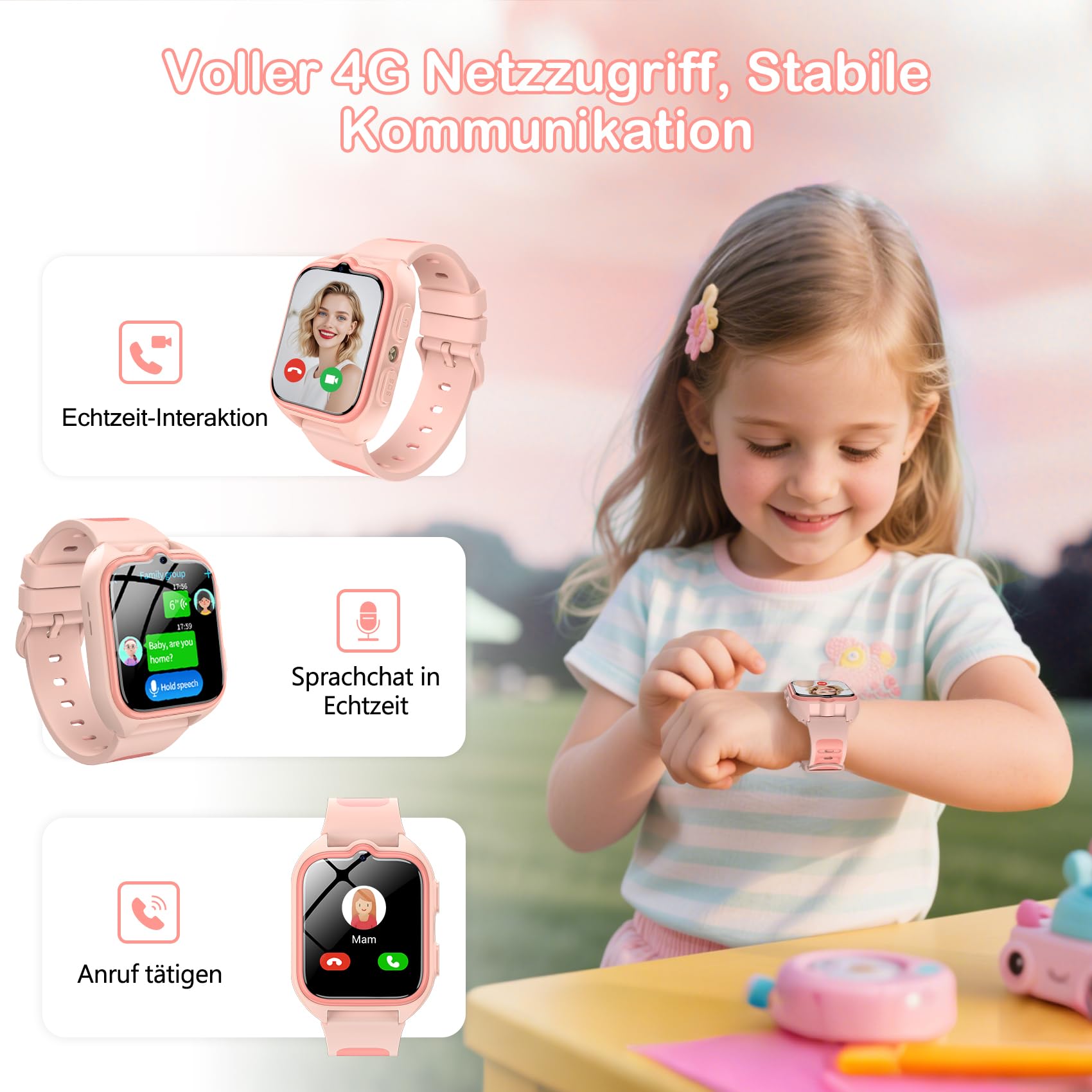 IOWODO Smartwatch Kinder Mädchen, GPS-Tracking, 4G-Telefonie, Schulmodus