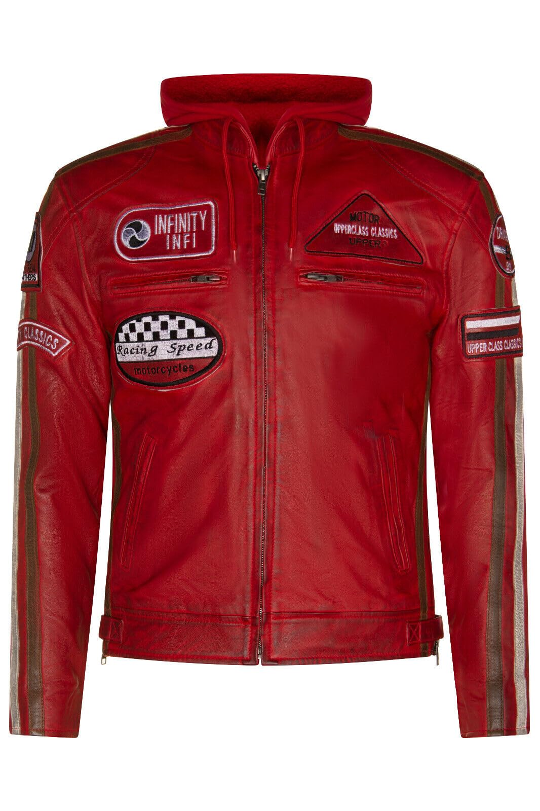 Infinity Leather Men's Red Hood Red Leather Biker Hood Racing Moto Jacket 3XL