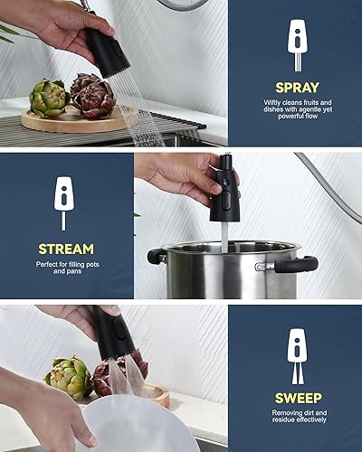 Vista 206 de WOWOW - Grifo de cocina cromado con rociador, grifo de fregadero de cocina extraíble de acero inoxidable con placa de cubierta, grifo de cocina