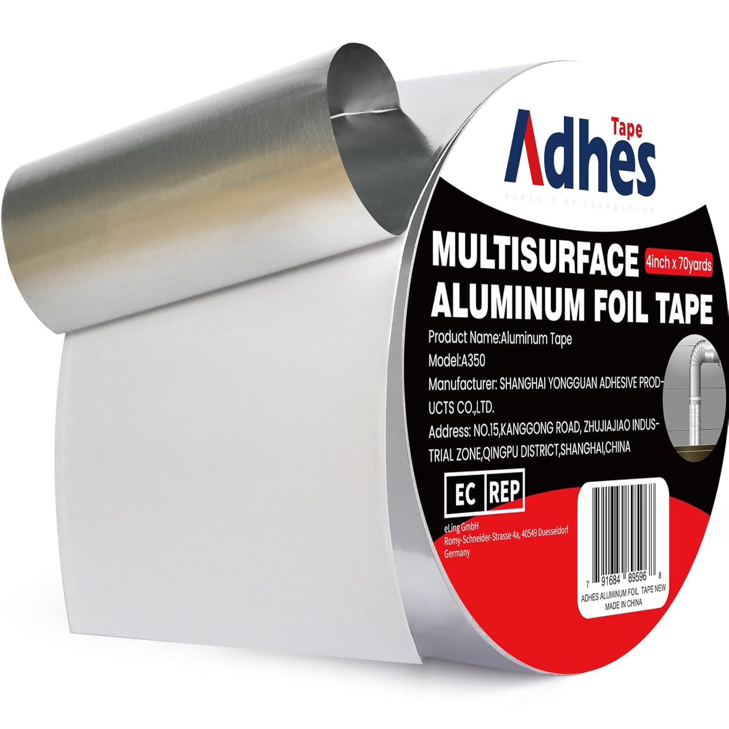 ADHES Heavy Duty Aluminum Foil Tape 4 Inch x 210 Feet(70 Yards) – Heat Resistant & Waterproof Silver Duct Tape – High-Temperature HVAC Tape for Ductwork, Sealing, Insulation, and Repairs