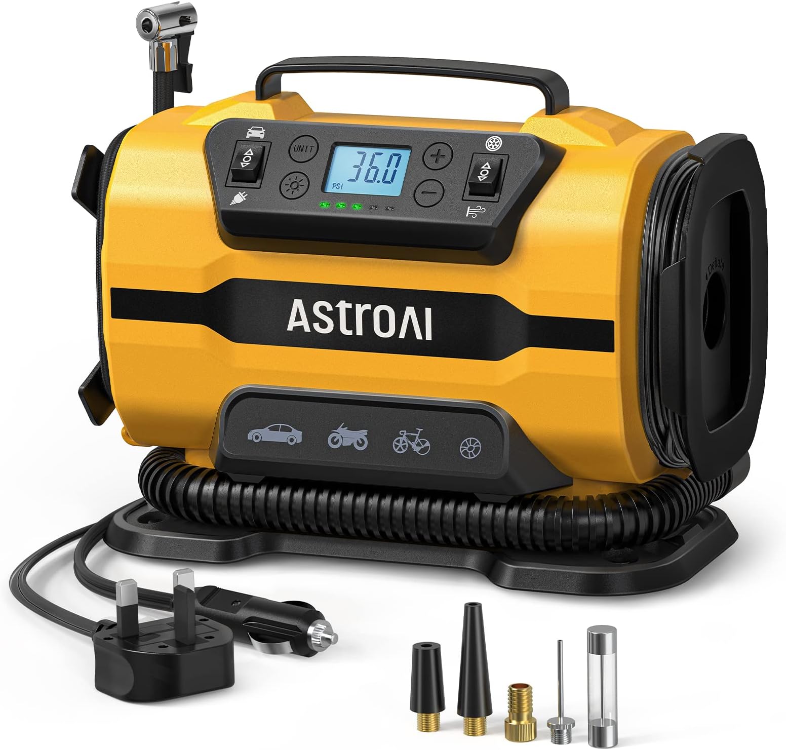 AstroAI Tyre Inflator Air Compressor Dual Power Supply 12V DC & 240V AC, Car Tyre Pump with Dual Metal Motors, Car Accessories 150PSI & 350LPM Dual Mode Air Pump for Car Tyres and Air Mattress Tent