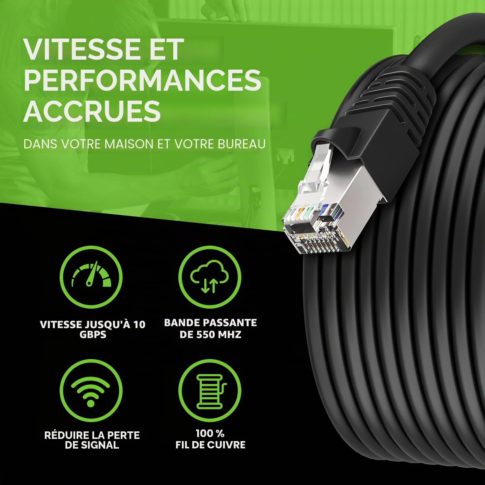 GEARit Câble Ethernet Cat6 pour extérieur (10 m) 23 AWG de cuivre pur, FTP, LLDPE, imperméable, enfouissement direct, mise à la terre, résistant aux UV, POE, réseau, Lan, Internet, Cat 6, câble Cat6