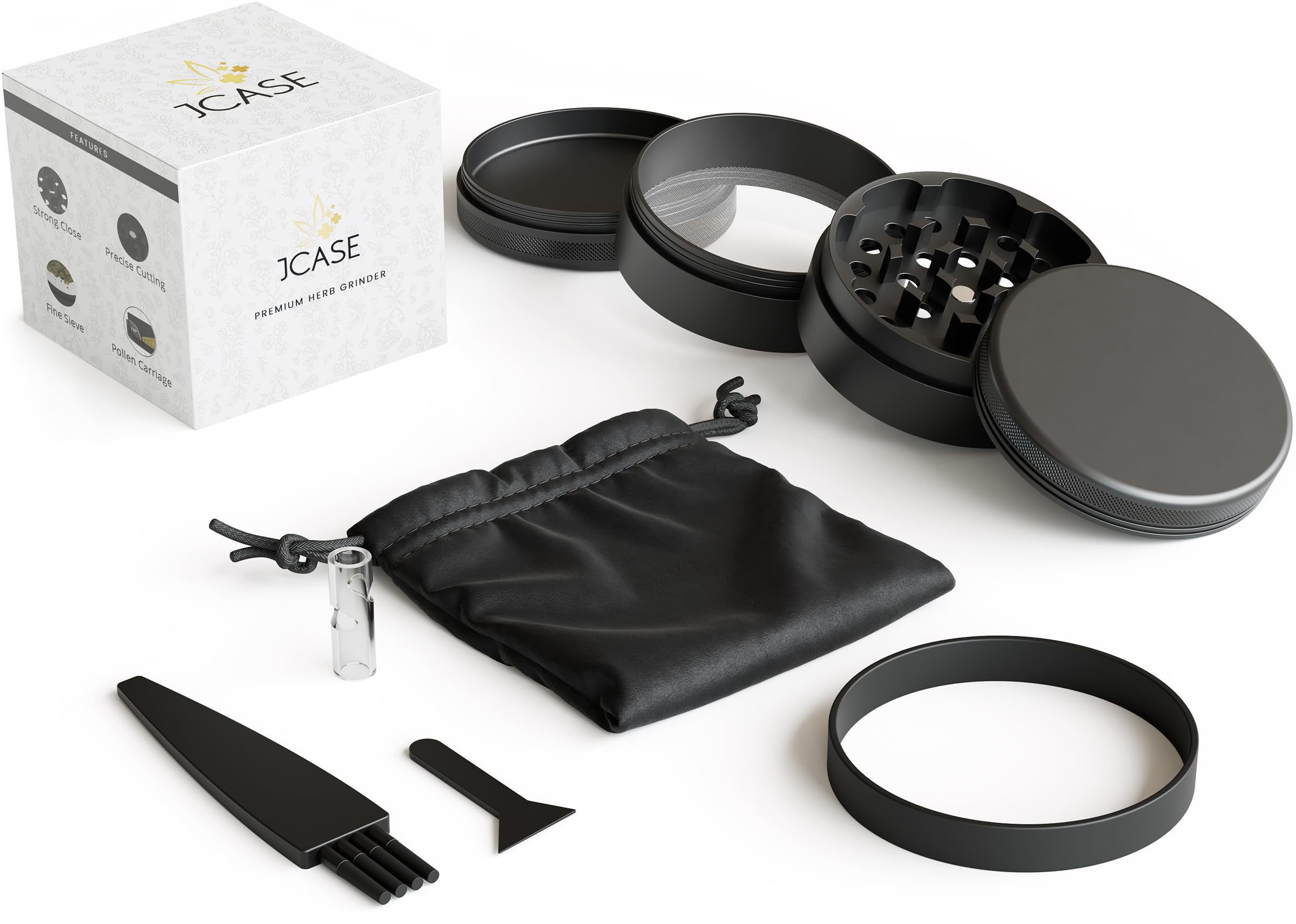 Keramik Grinder Crusher Haftfrei | 4-teilig | Nano Keramik beschichtete Kräutermühle | Ø 63 mm | inkl. Tragetasche, Pollenschaber, Pinsel und Mundstück