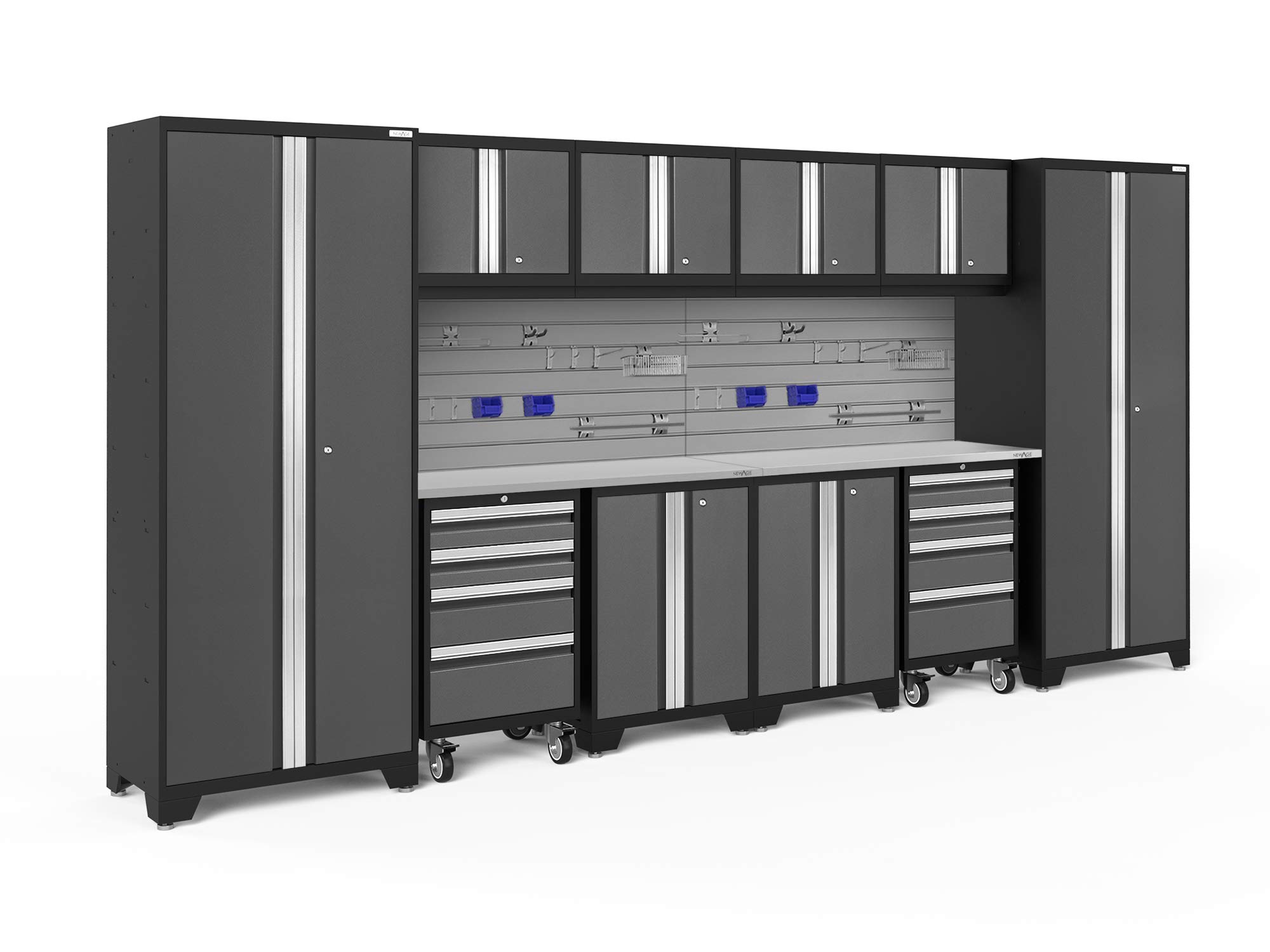 ?????NewAge Products Garage Cabinets Bold Series 12 PC Set Gray (2 x 48in. Worktops, 2 x Tool Drawer, 4 x Wall, 2 x Two-Door Base Cabinets, 2 x Multi-Use Lockers, Backsplash), 51821