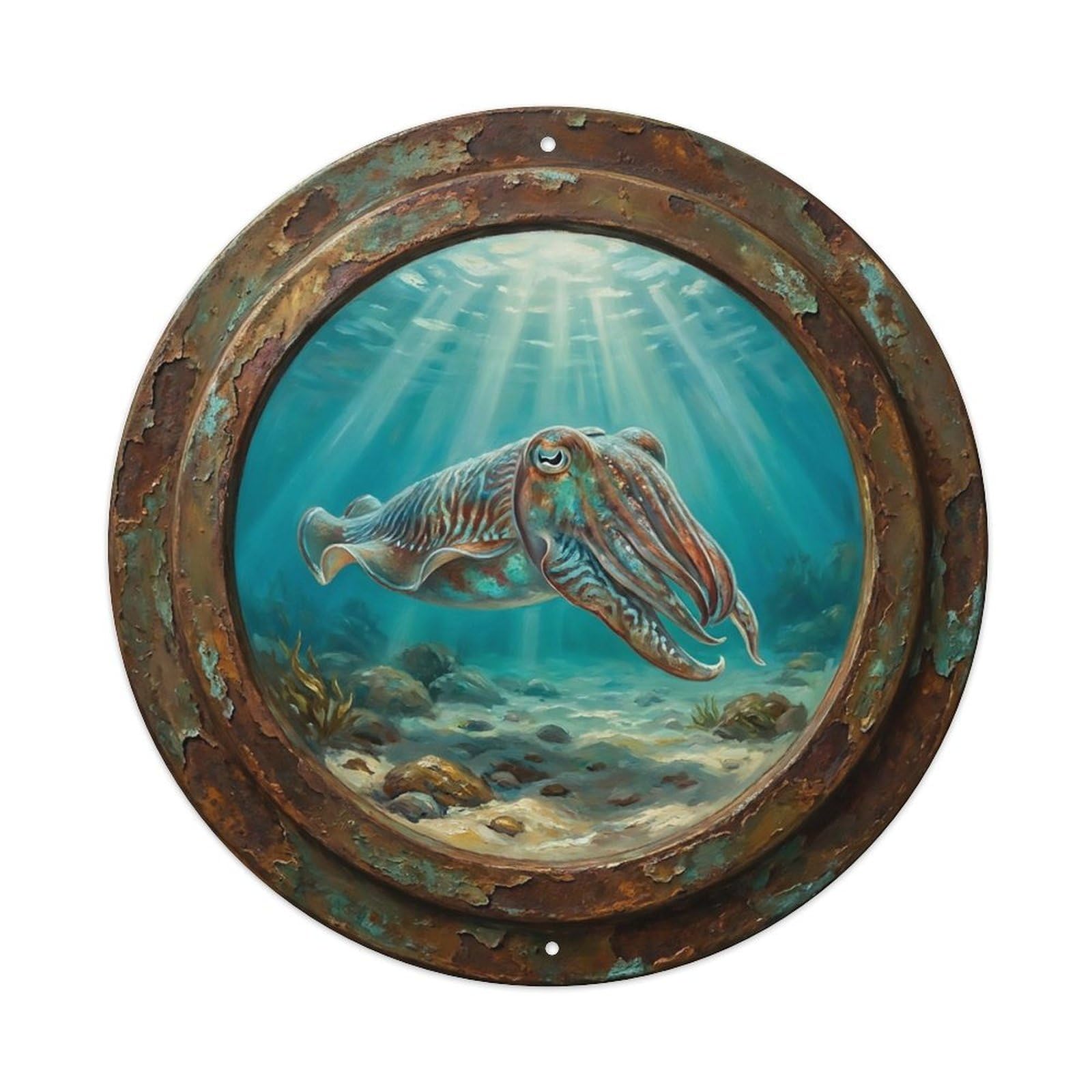 Vintage Porthole Cuttlefish Camouflage Ship Window Undersea Deep Sea Metal Tin Sign
